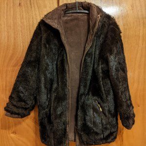 Reversible faux fur and suede coat